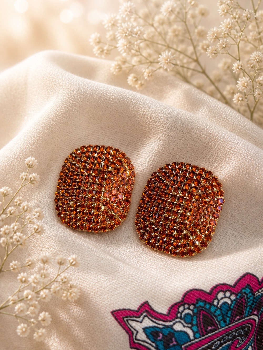 Sparkling Amber Crystal Cluster Earrings